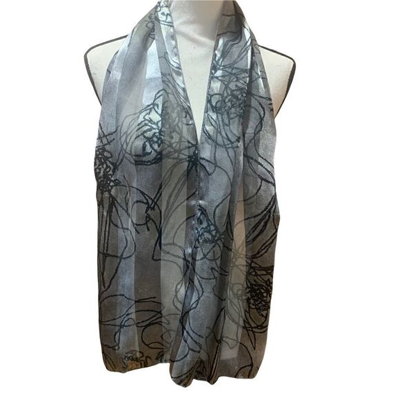 Silk-Feel Scarf, Versatile Black/Silver/Grey Abstract Pattern - Picture 1 of 6